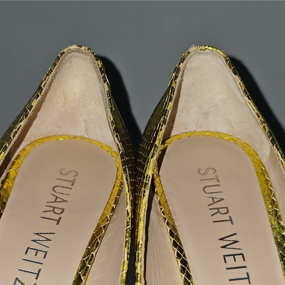 Stuart Weitzman Metallic Yellow Snakeskin Pointed-Toe Pumps - Picture 7 of 16